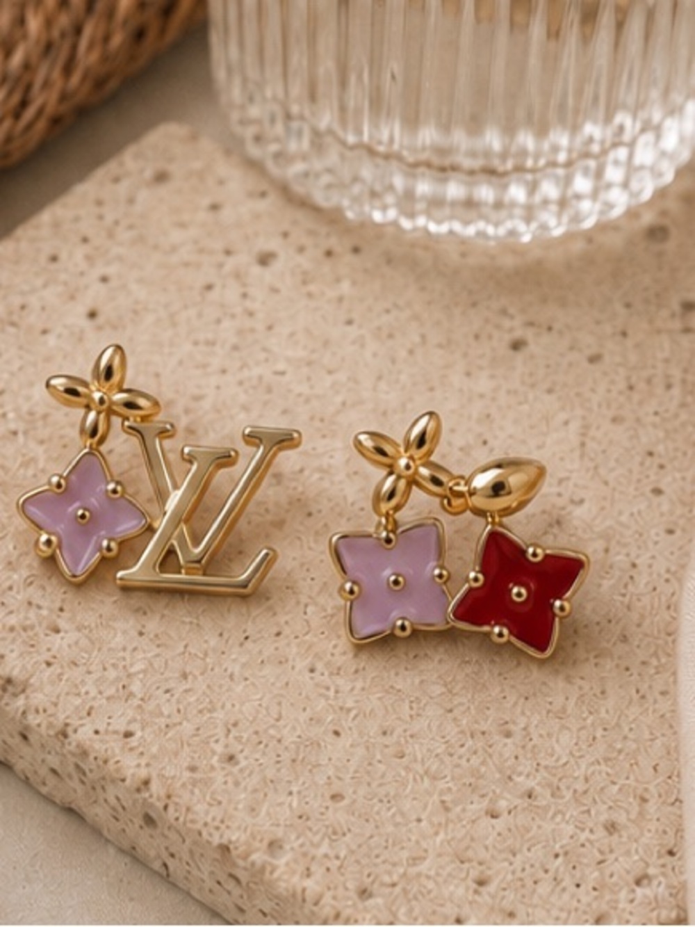 Designer Inspired Gold Floral Logo Stud Earrings
